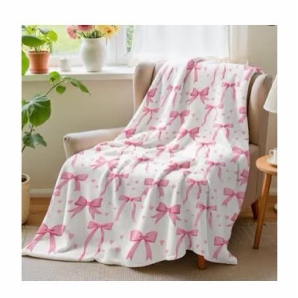 Pink Bow Print Cozy Throw Blanket
